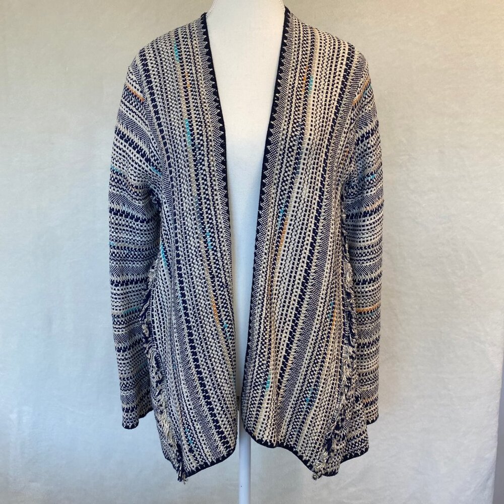Lucky Brand Cardigan Sweater Boho Cream Blue Woven Tapestry Fringe Size XS